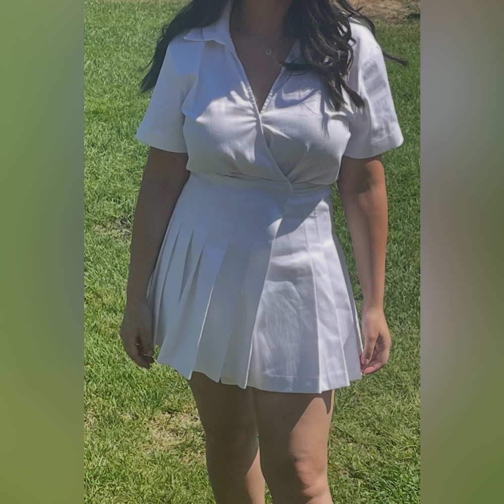 White Pleated Short Sleeve Skort  Dress